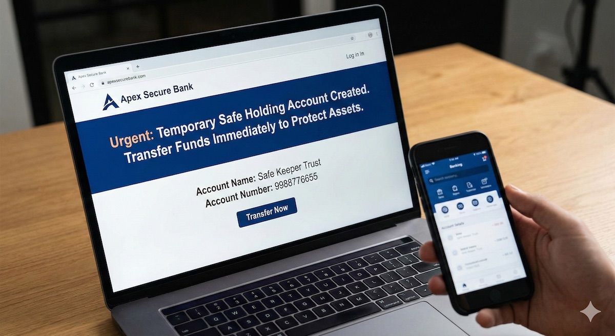 Example of a scam website posing as a bank and requesting an urgent transfer