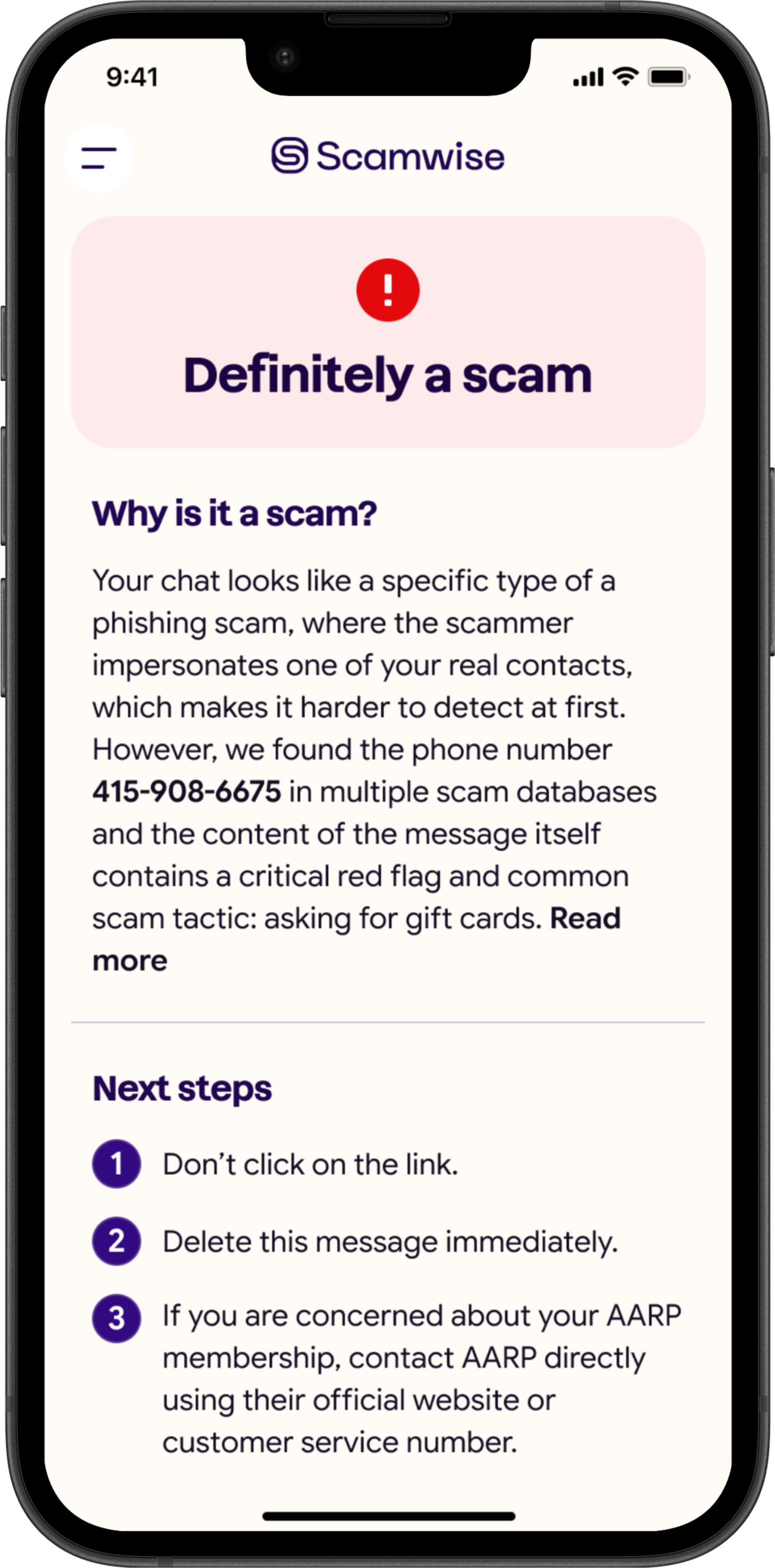 Scamwise app scam verdict screen