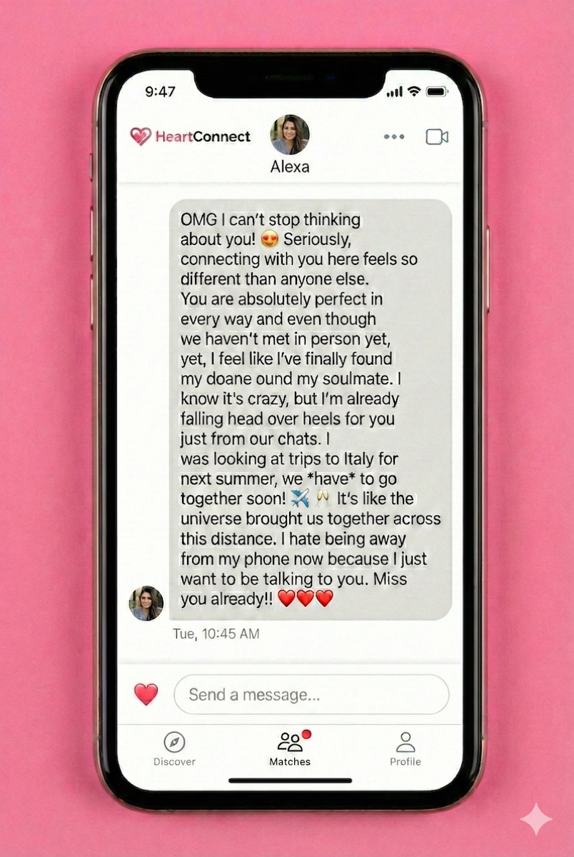 Example “love bomb” that occurs early on in a romance scam.